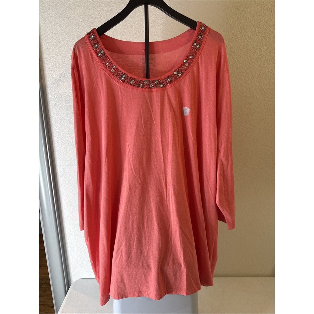 Catherines Women's 3/4 Sleeve Beaded Collar Blouse Pink Plus Size 4XL - Picture 1 of 11